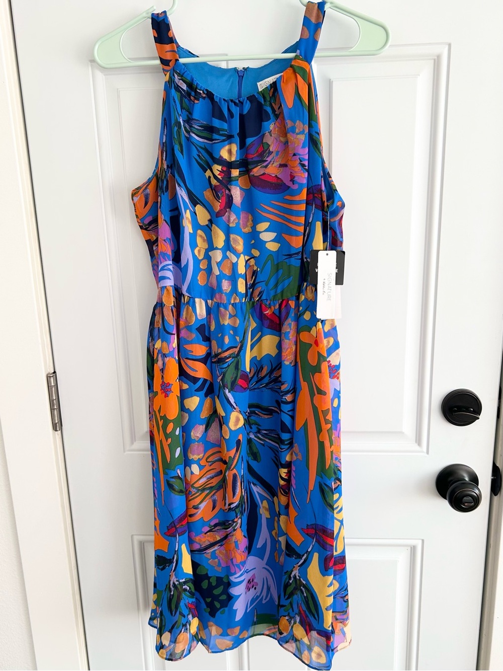 NWT Signature by Robbie Bee Vibrant Blue Multicolor Lined Chiffon Midi Dress 8P